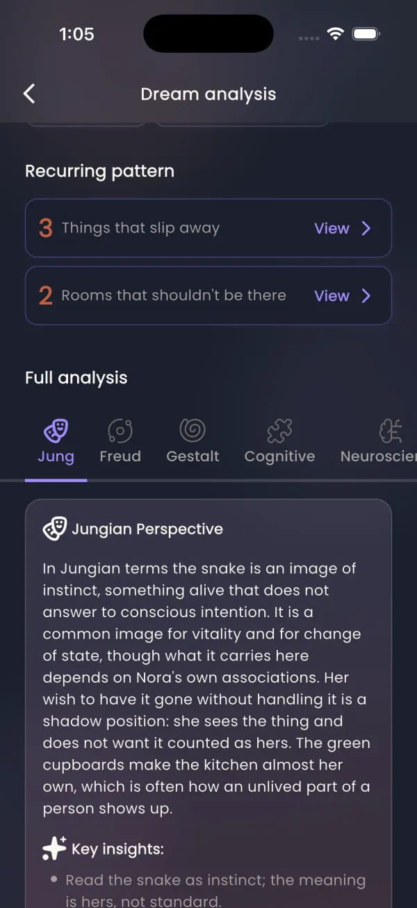 Dreamograph dream analysis screen showing five psychological frameworks
