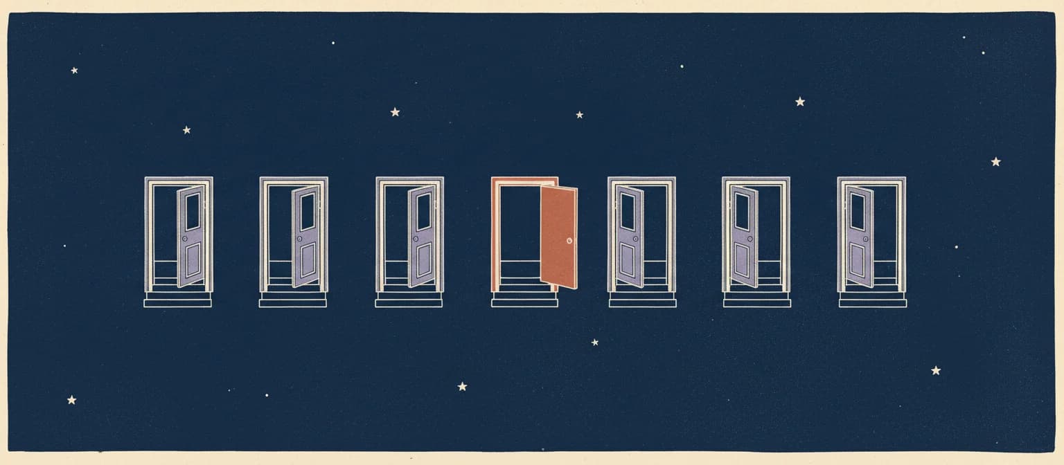 A row of identical lilac doorways on a navy night sky, with one terracotta door swung open out of line