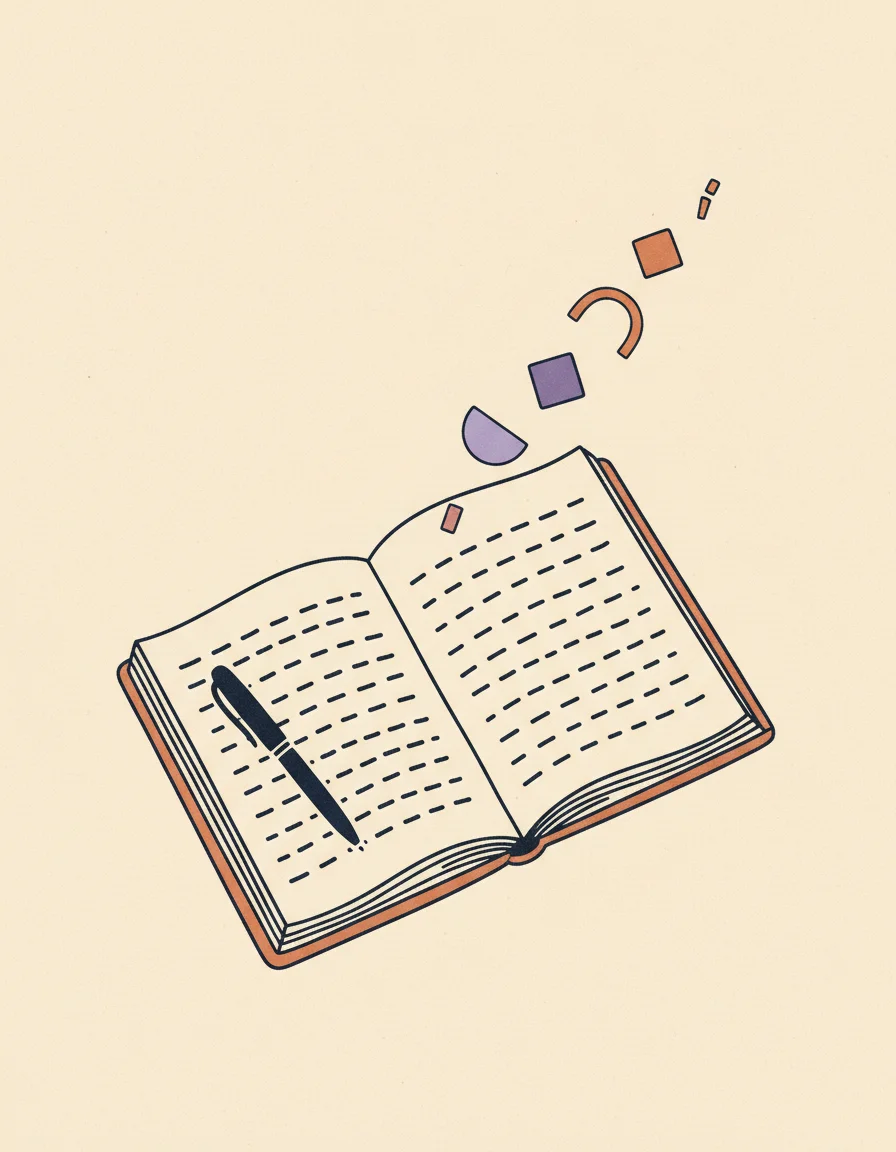 An open notebook and pen, with small coloured fragments drifting up and away from the page