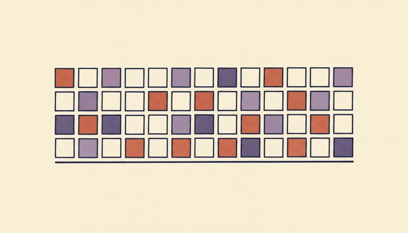 A grid of small squares, most filled in terracotta, violet or lilac and some left empty, above a single ruled line