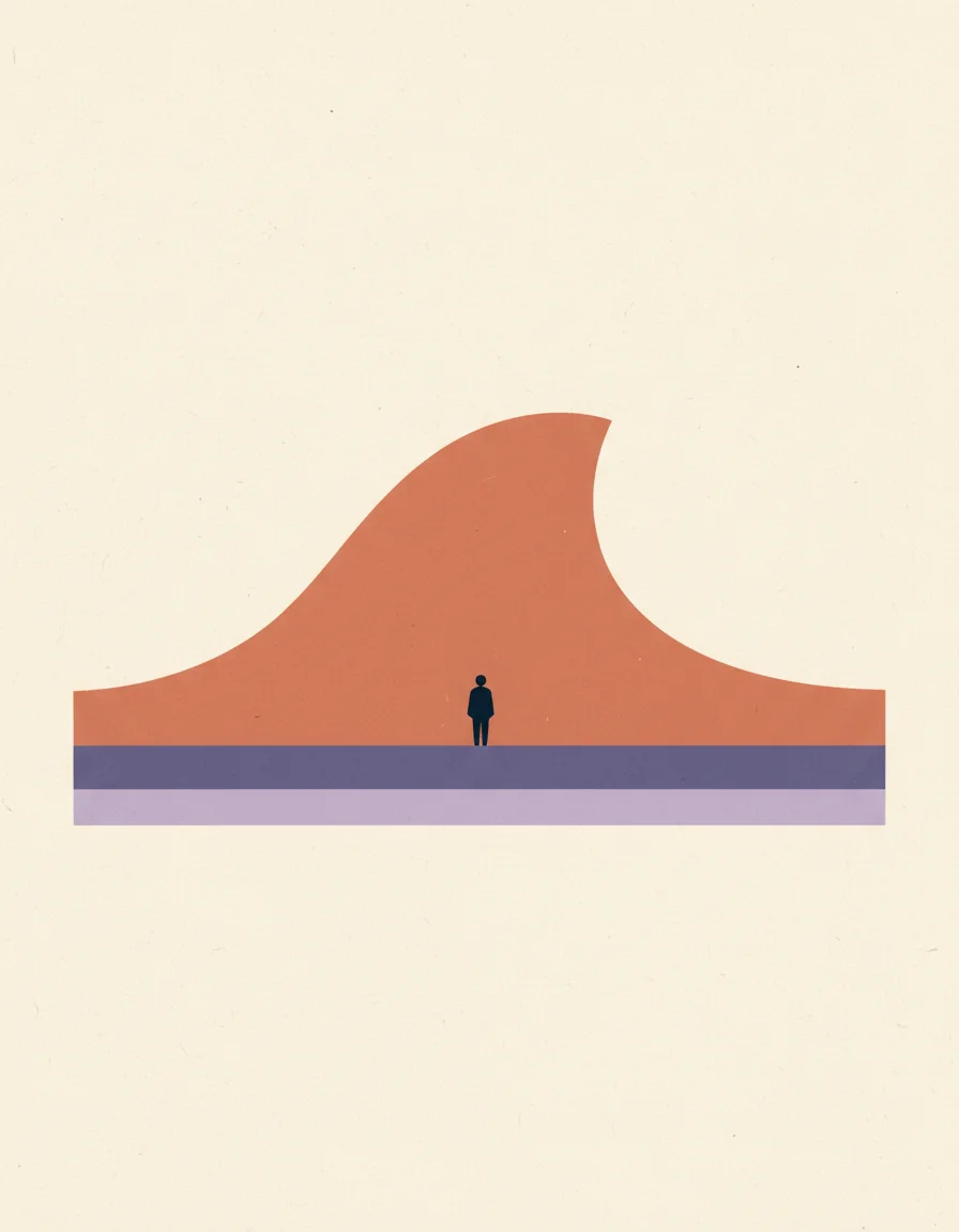 One large terracotta wave rising over a tiny standing figure, with violet and lilac bands along the ground