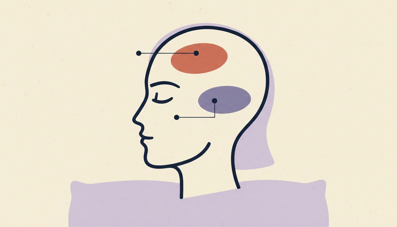 Diagram of a sleeping head in profile on a pillow, with a terracotta and a violet region marked inside the skull